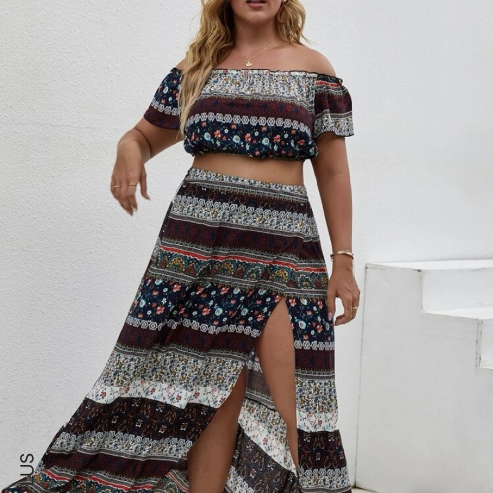 Bardot top with slit thigh skirt